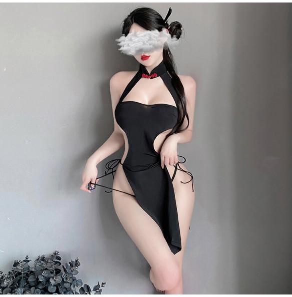FEE ET MOI - Sexy Classical High-Slit Silk Cheongsam With Stockings (Black)